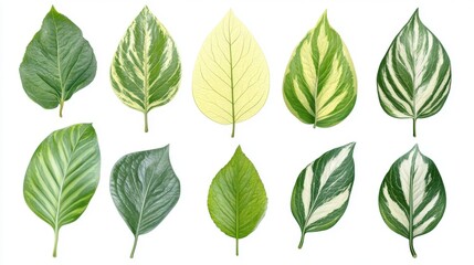 Assorted leaves with various colors and patterns arranged in two rows on a white background. Generative AI Illustration