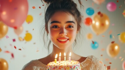 Woman and a birthday-themed digital confetti animation background 