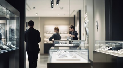 Thief alert in a jewelry store, employees noticing suspicious activity. Featuring immediate response and store protection