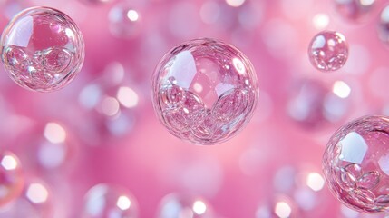 3d rendering of transparent bubbles on pink background. Pastel color, soft lighting, and glass texture create an elegant composition.