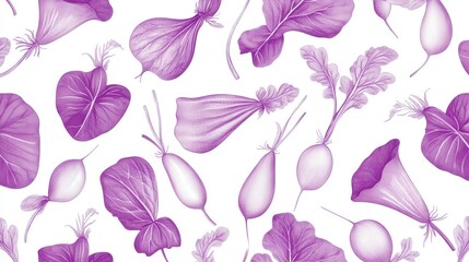 Elegant Purple Botanical Seamless Pattern with Detailed Illustrations of Radishes, Leaves, and Flowers
