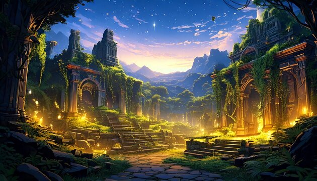  Sacred Place of the Stars.Remnants of an ancient shrine resting atop a floating island, suspended in a cosmic sky