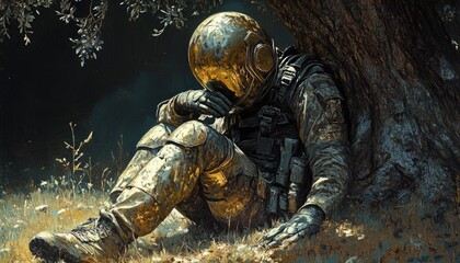 Fototapeta premium A futuristic soldier rests beneath a tree near a field of grass