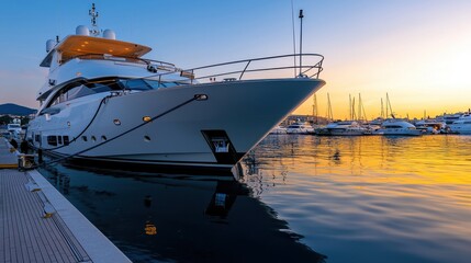A sleek yacht docked at sunset, reflecting vibrant colors on calm waters, surrounded by other boats in a serene marina.