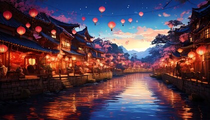 Fototapeta premium A Magical Twilight Scene.As dusk settles, delicate paper lanterns rise into the sky, illuminating the narrow streets of a charming town
