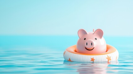 Cute piggy bank in a colorful inflatable ring floating in a serene blue pool, symbolizing saving money and summer fun, relaxation, and vacations