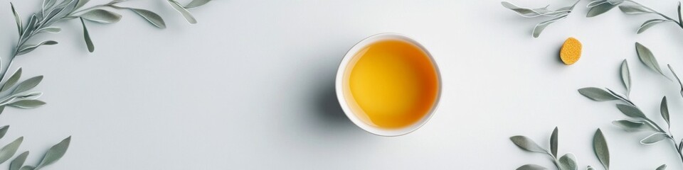 A cup of golden tea sits amidst silver foliage. Tranquil and serene.