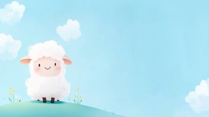 Cute Cartoon Sheep on a Green Hilltop with a Bright Blue Sky and Fluffy Clouds, Ideal for Children's Themes and Animal Illustrations