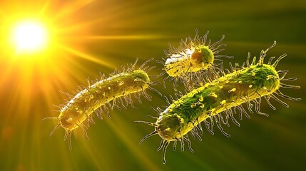 Obraz premium A captivating conceptual art piece depicting abstract glowing structures of bacilli bacteria with soft natural lighting creating a surreal and visually striking effect