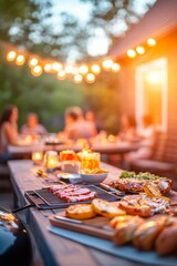 Delicious grilled food at an outdoor party with friends. Warm lighting and a festive atmosphere.
