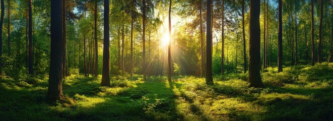 Fototapeta premium Sunny Forest Sunlight Through Trees