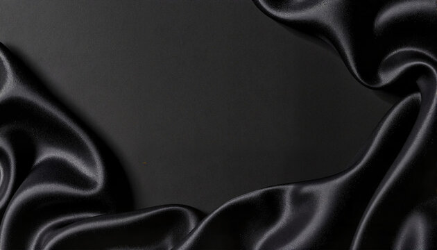 Black satin fabric draped elegantly on a dark background for fashion blogs, websites, graphic design, luxury brand imagery, and artistic presentations