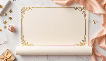 Elegant blank parchment with decorative border on marble background