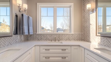 Modern bathroom interior with elegant fixtures and scenic view