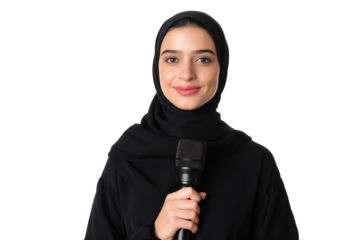 Confident young Arab female journalist holding microphone isolated on transparent white background
