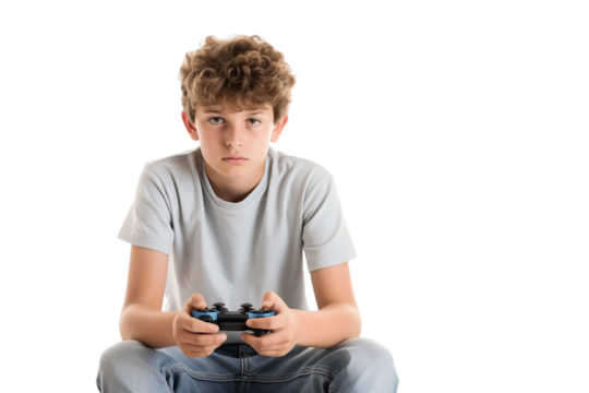 Bored teenage boy gamer slouching with controller isolated on transparent white background