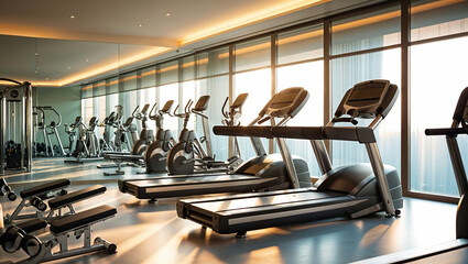 Fitness center interior with exercise equipment and natural light during early morning hours