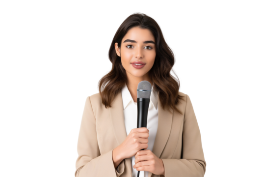 Confident young female journalist holding microphone isolated on transparent white background