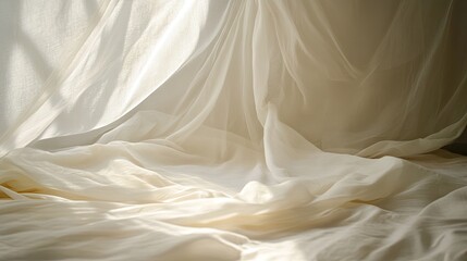 A sheer white curtain gently swaying in a softly lit bedroom.
