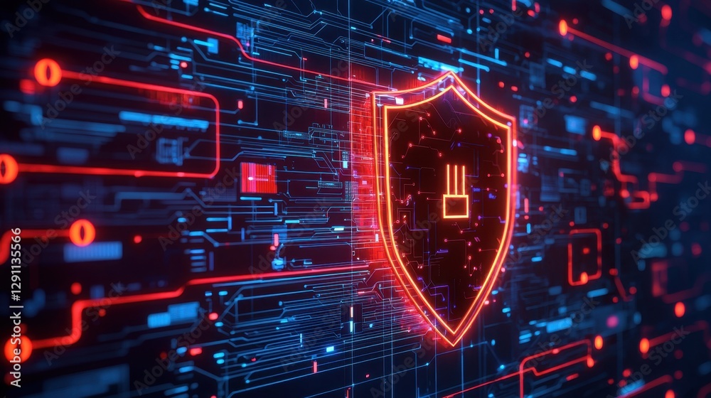 Poster abstract digital representation of cybersecurity concept with glowing shield, circuit patterns, and 