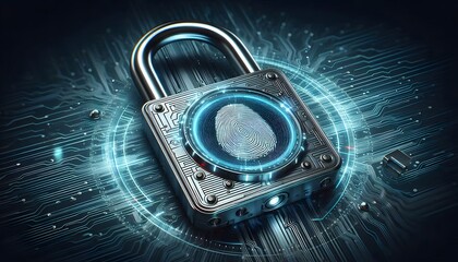 A minimalist padlock icon with a digital glow, set against a dark background with abstract lines and dots, evoking cybersecurity themes
