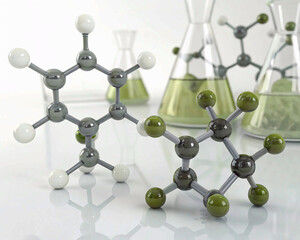Obraz premium chemical structure of a chemical formula, Gray and olive molecular with glass formula on white background, 3d illustration of gray and olive molecule model. Glass Science background