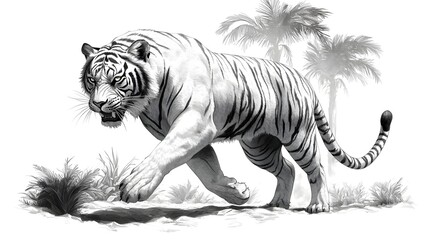 Obraz premium A fierce tiger prowling through the lush tropical jungle depicted in a dramatic high contrast cross hatching ink style that emphasizes the animal s muscular form and powerful predatory nature