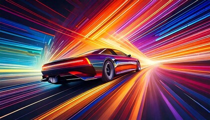  Futuristic Racing in Anime Clean Style.A high-tech hover vehicle dashing through the skies, leaving behind bright speed trails as it moves at breakneck pace through a futuristic skyline.