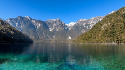 Serene Mountain Lake Landscape with Snow Capped Peaks and Clear Blue Water