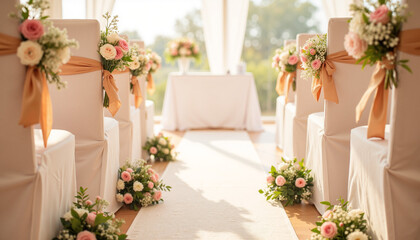 Beautifully decorated wedding ceremony aisle with floral arrangements
