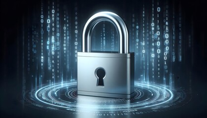 Cybersecurity: Sleek Silver Padlock with Glowing Digital Binary Code, Protecting Data and Information in the Digital World