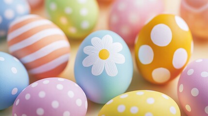 Obraz premium Vibrant Easter Eggs with Polka Dots on Pastel Background, Close-Up View. Joyful Easter Decorations, Cartoon Illustration, Flat Lay Artwork.