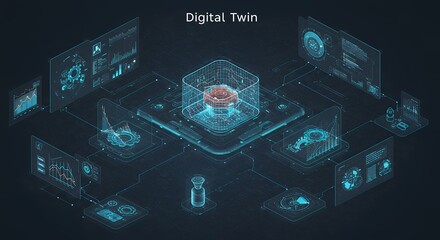 Illustration visualizing digital twin technology, featuring real-time virtual simulations, AI-driven analysis, and industrial applications.
