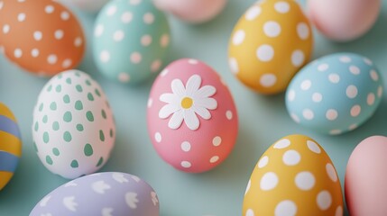 Obraz premium Vibrant Easter Eggs with Polka Dots on Pastel Background, Close-Up View. Joyful Easter Decorations, Cartoon Illustration, Flat Lay Artwork.