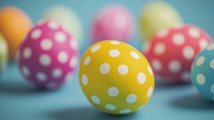 Vibrant Easter Eggs with Polka Dots on Pastel Background, Close-Up View. Joyful Easter Decorations, Cartoon Illustration, Flat Lay Artwork.