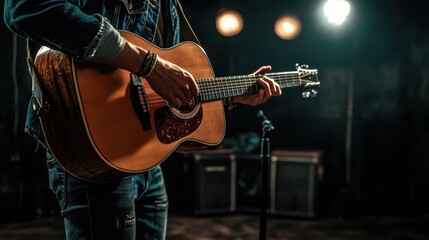 Obraz premium Musician performing on stage with an acoustic guitar, illuminated by soft spotlighting in a cozy venue