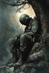 Fototapeta premium A weary soldier rests under a shadowed tree near the mountains