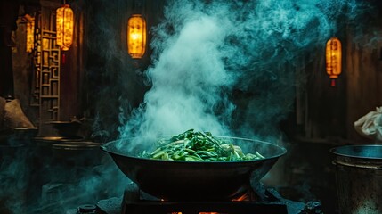 A traditional open-fire stove with a steaming wok filled with fresh ingredients.