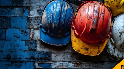 Assorted colorful hard hats piled on a surface. Workplace safety theme,