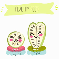 Noni fruit cute funny cheerful characters with different poses and emotions. Natural vitamin antioxidant .Vector hand drawn illistration.