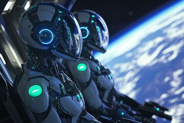 Fototapeta premium Two advanced robots sit side by side inside a spacecraft, gazing out at the breathtaking view of distant stars and planets in the cosmos. Generative AI