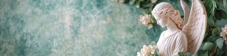 Serene angel statue, delicate features, soft ivory hue against a teal backdrop.