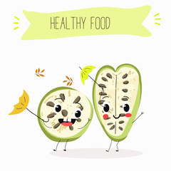 Noni fruit cute funny cheerful characters with different poses and emotions. Natural vitamin antioxidant .Vector hand drawn illistration.