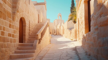 Naklejka premium A sun-drenched stone street winds through a historic Middle Eastern village, stairs leading up to traditional buildings.