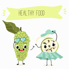 Noni fruit cute funny cheerful characters with different poses and emotions. Natural vitamin antioxidant .Vector hand drawn illistration.