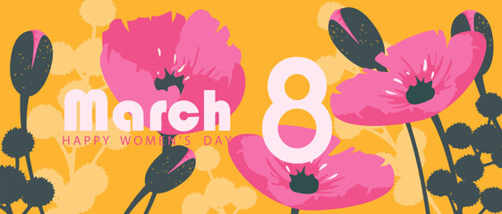 Background for March 8. Web banner with flowers. Happy International Women's Day. Vector illustration.	