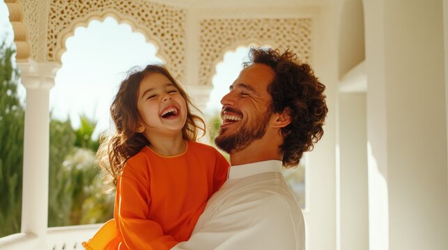 Joyful moments captured between father and daughter, bright smil