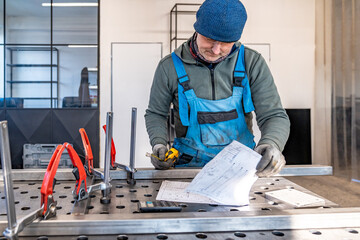 Metalworker reading technical drawings and using measuring instruments in workshop