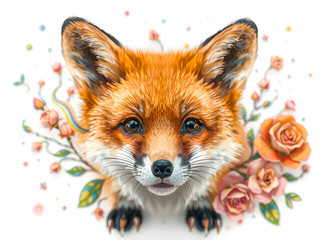 Obraz premium Cute fox with flowers isolated on white background.
