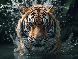 Obraz premium Portrait of a tiger standing in the water and looking at the camera